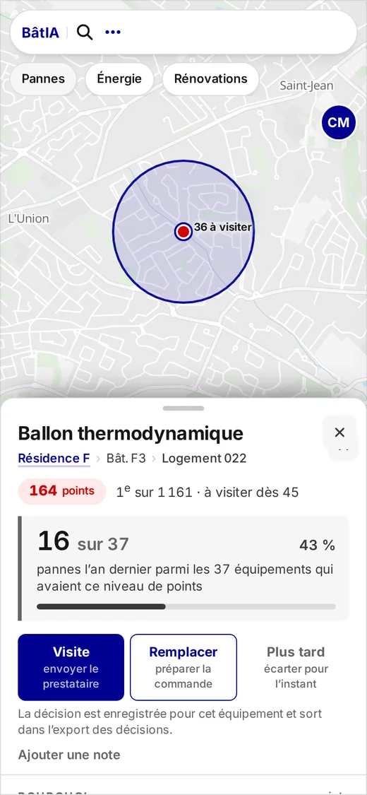 BâtIA sur un téléphone : la fiche d’un équipement et les trois décisions, Visite, Remplacer, Plus tard